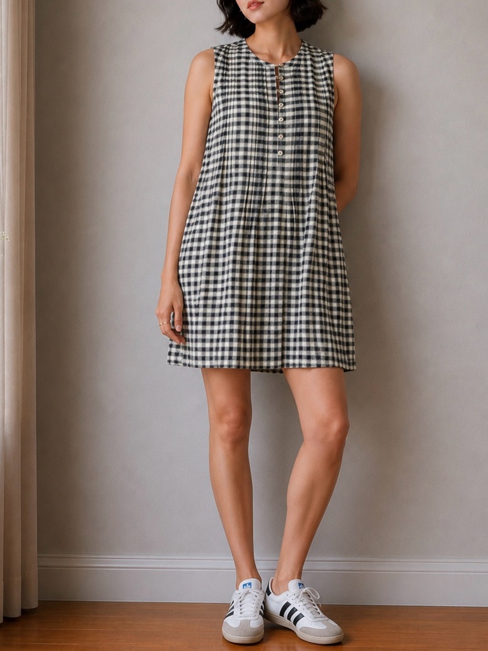 Faherty Isha Sleeveless Gingham Shift Dress Large Black White Gauze Pockets